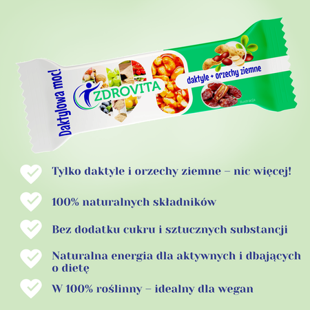 Baton Daktylowy z Orzechami Ziemnymi zdrowa fit przekąska Zdrovita 40g