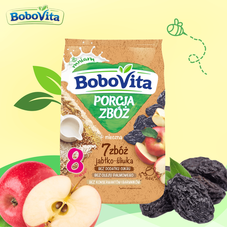 BoboVita Kaszka mleczna 7 zbóż jabłko-śliwka po 8. m-cu 210g bez cukru