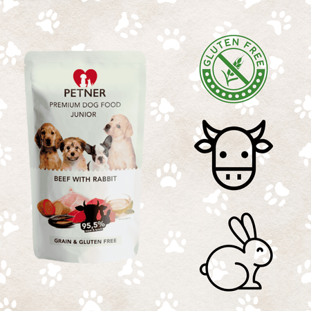 Mokra karma dla szczeniąt wołowina z królikiem saszetka Petner 500g