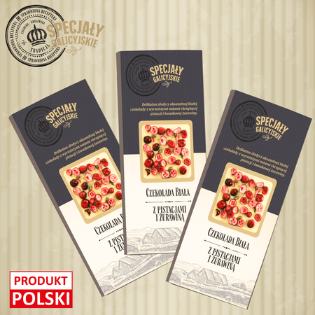 Czekolada Biała Pistacje Żurawina premium Specjały Galicyjskie 85g