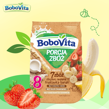 BoboVita Kaszka mleczna 7 zbóż truskawka banan po 8. m-cu 210g bez cukru