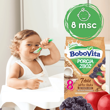 BoboVita Kaszka mleczna 7 zbóż jabłko-śliwka po 8. m-cu 210g bez cukru