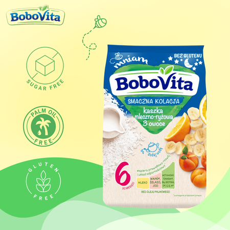 BoboVita Kaszka mleczno-ryżowa 3 owoce dla dzieci po 6 m-cu 230 g