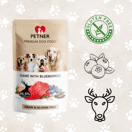 Mokra karma dla psa dziczyzna z borówkami saszetka Petner 500g