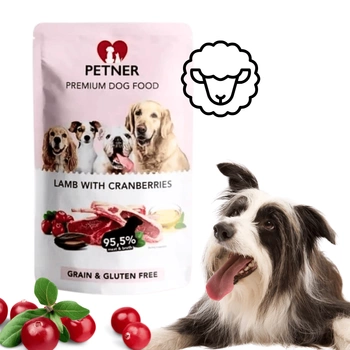 Mokra karma dla psa jagnięcina z żurawiną saszetka Petner 500g