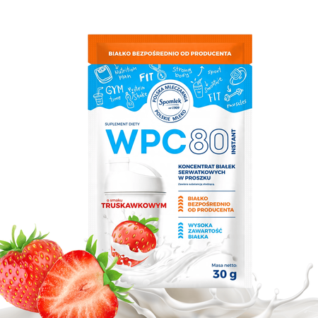 Koncentrat białka serwatkowego w saszetce truskawka WPC80 SPOMLEK 30g