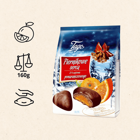 Piernikowe serca z nadzieniem pomarańczowym pierniki serca Tago 160g