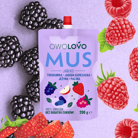 Mus owocowy OWOLOVO 4 smaki jabłko truskawka jagoda jeżyna malina 200g