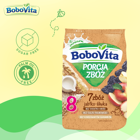 BoboVita Kaszka mleczna 7 zbóż jabłko-śliwka po 8. m-cu 210g bez cukru