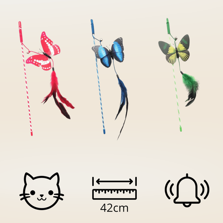 Zabawka dla kota wędka z motylkiem dzwonkiem i piórkami Hilton 42cm