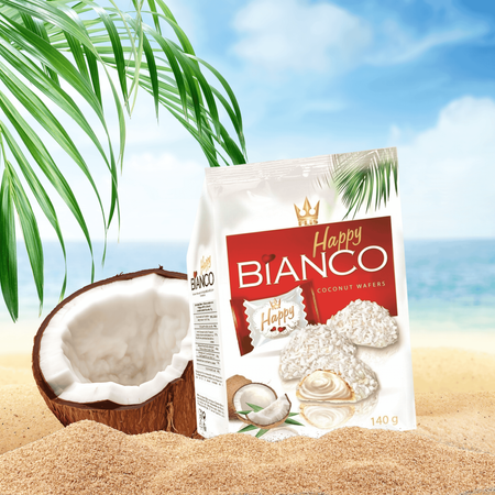 Happy Bianco wafle kokosowe mini ciasteczka w białej czekoladzie Flis 140g