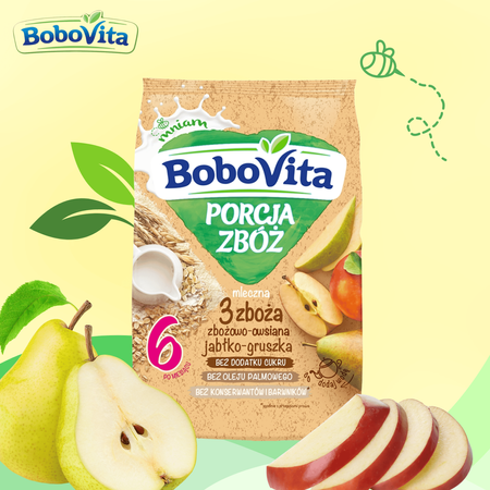 BoboVita kaszka mleczna 3 zboża jabłko gruszka 210g po 6 miesiącu