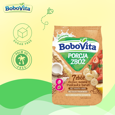 BoboVita Kaszka mleczna 7 zbóż truskawka banan po 8. m-cu 210g bez cukru