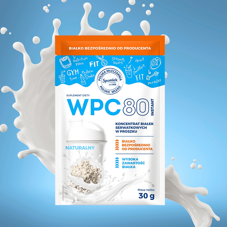 Koncentrat białka serwatkowego WPC80 naturalny SPOMLEK odżywka saszetka 30g