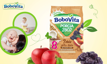 BoboVita Kaszka mleczna 7 zbóż jabłko-śliwka po 8. m-cu 210g bez cukru