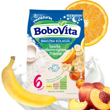BoboVita Kaszka mleczno-ryżowa 3 owoce dla dzieci po 6 m-cu 230 g