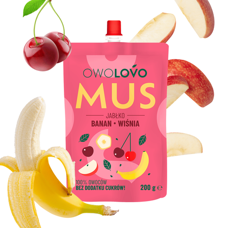 OWOLOVO Mus owocowy 3 smaki jabłko-banan-wiśnia 200g