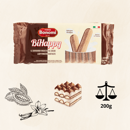 Włoskie Biszkopty Savoiardi BiHappy wanilia kakao Bonomi Castelli 200g