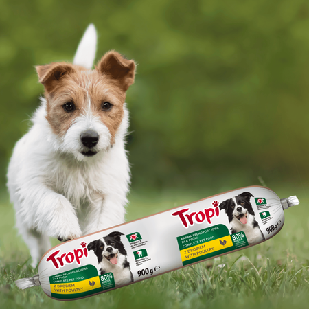 TROPI kiełbasa dla psa z drobiem mokra karma baton 900g