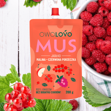 Mus owocowy OWOLOVO 3 smaki jabłko malina czerwona porzeczka 200g