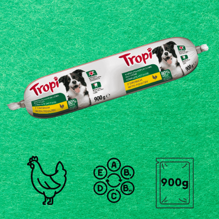 TROPI kiełbasa dla psa z drobiem mokra karma baton 900g