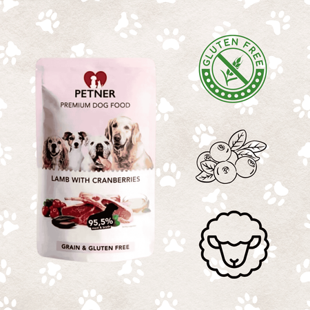 Mokra karma dla psa jagnięcina z żurawiną saszetka Petner 500g