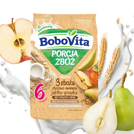 BoboVita kaszka mleczna 3 zboża jabłko gruszka 210g po 6 miesiącu