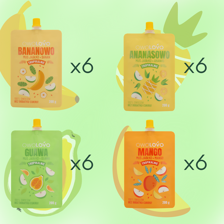OWOLOVO Mix musów tropikalnych banan, mango, ananas, guawa 24x 200g