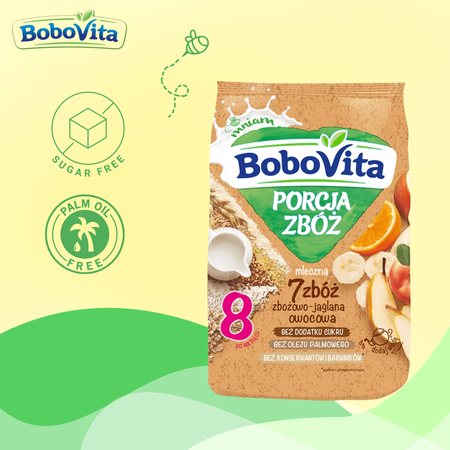 BoboVita Kaszka mleczna 7 zbóż owocowa dla dzieci po 8 m-cu 210g bez cukru
