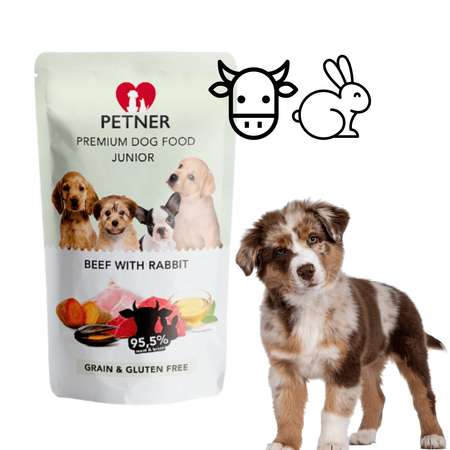 Mokra karma dla szczeniąt wołowina z królikiem saszetka Petner 500g
