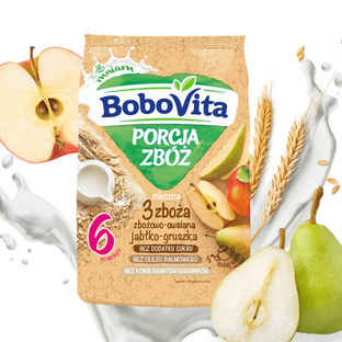 BoboVita kaszka mleczna 3 zboża jabłko gruszka 210g po 6 miesiącu