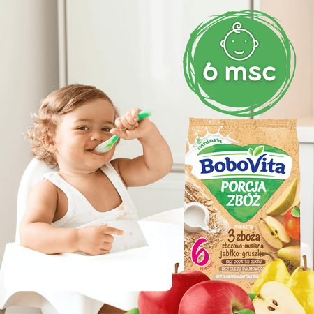 BoboVita kaszka mleczna 3 zboża jabłko gruszka 210g po 6 miesiącu