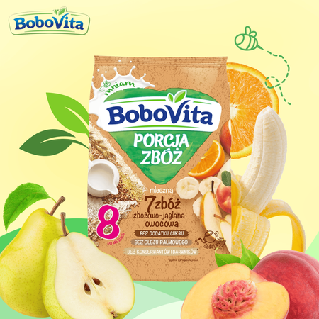 BoboVita Kaszka mleczna 7 zbóż owocowa dla dzieci po 8 m-cu 210g bez cukru