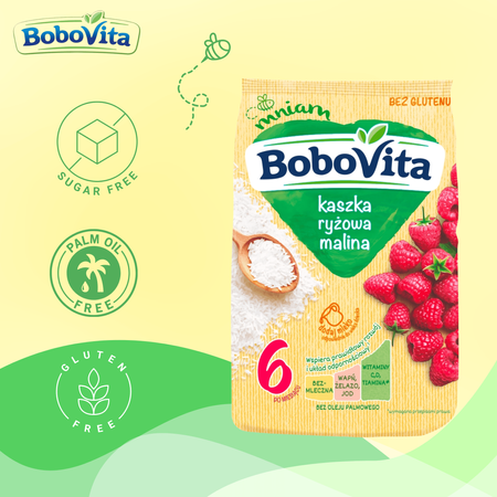 BoboVita Kaszka ryżowa malina po 6 miesiącu 180 g bezglutenowa bez mleka