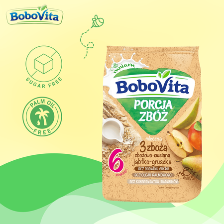 BoboVita kaszka mleczna 3 zboża jabłko gruszka 210g po 6 miesiącu