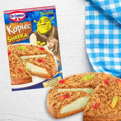 Dr Oetker Kopiec Shreka ciasto toffi z masą waniliową i żelkami 301g