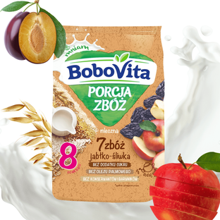 BoboVita Kaszka mleczna 7 zbóż jabłko-śliwka po 8. m-cu 210g bez cukru