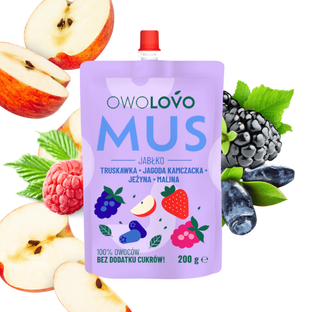 Mus owocowy OWOLOVO 4 smaki jabłko truskawka jagoda jeżyna malina 200g