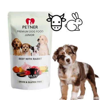 Mokra karma dla szczeniąt wołowina z królikiem saszetka Petner 500g